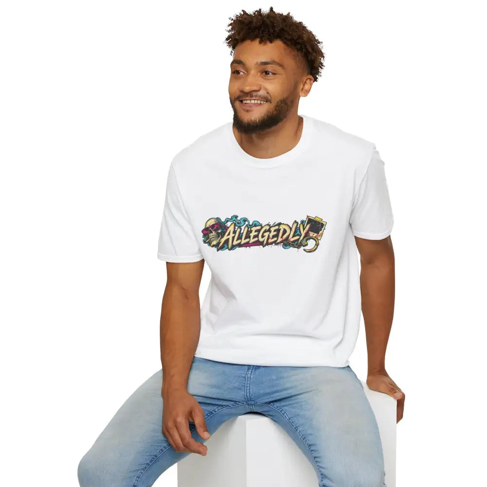 White cotton t-shirt with colorful allegedly graffiti skull and sunglasses graphic, care instructions recommend low heat tumble dry