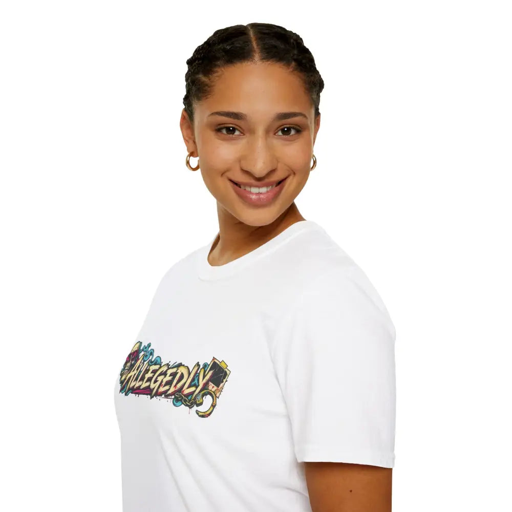 White cotton t-shirt with colorful graffiti style allegedly graphic designed for street art lovers low heat tumble dry care instructions