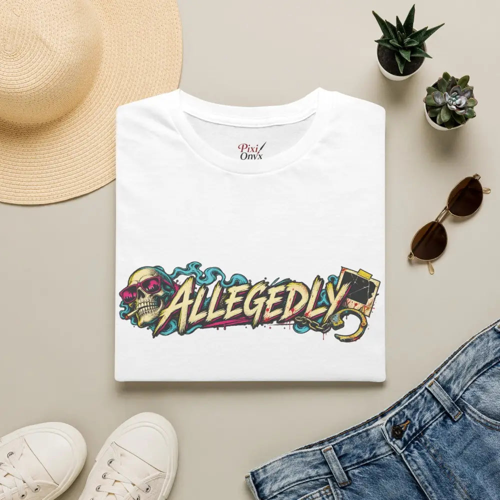 White cotton allegedly graffiti unisex tee with vibrant skull graphic wearing pink sunglasses care instructions low heat tumble dry