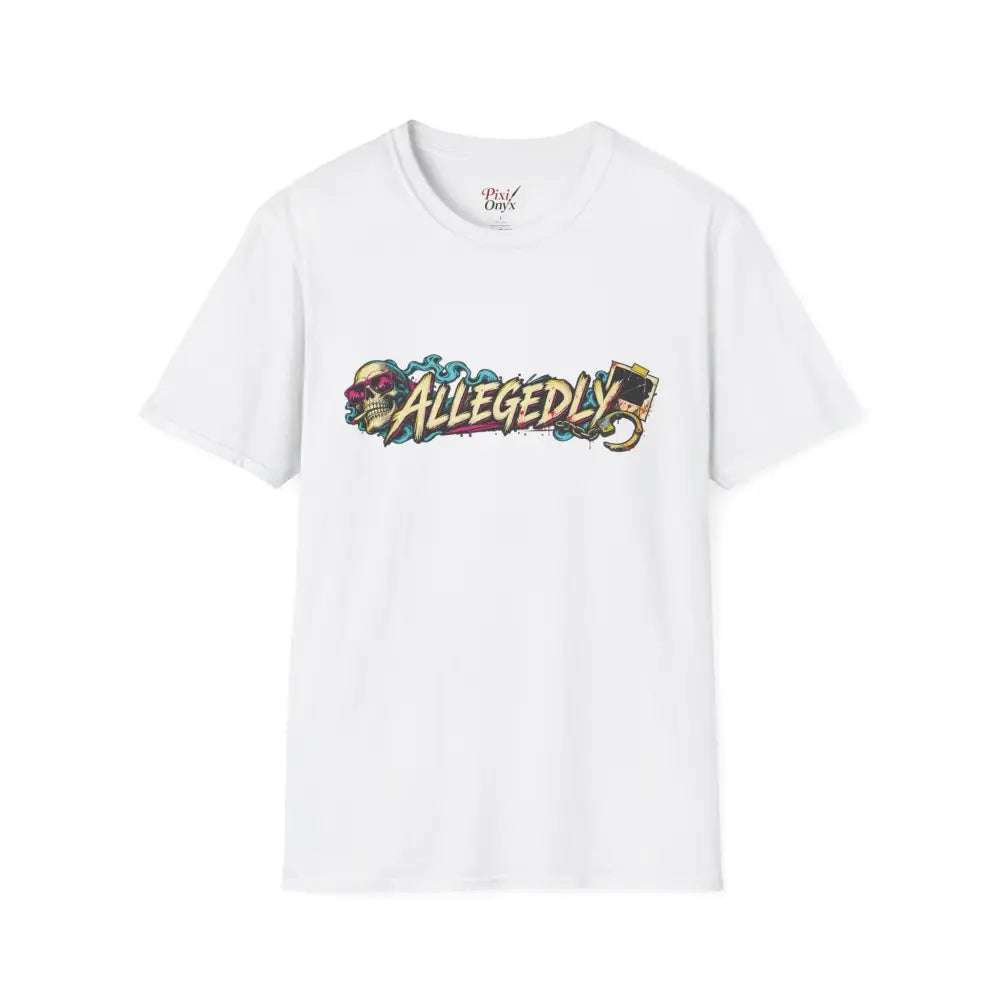 White short-sleeved unisex tee with colorful allegedly graffiti skull and camera graphic low heat tumble dry care instructions