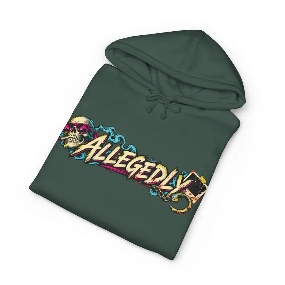 Dark green allegedly graphic unisex hoodie with fleece-lined hood, ribbed cuffs, and skull wearing pink sunglasses graphic