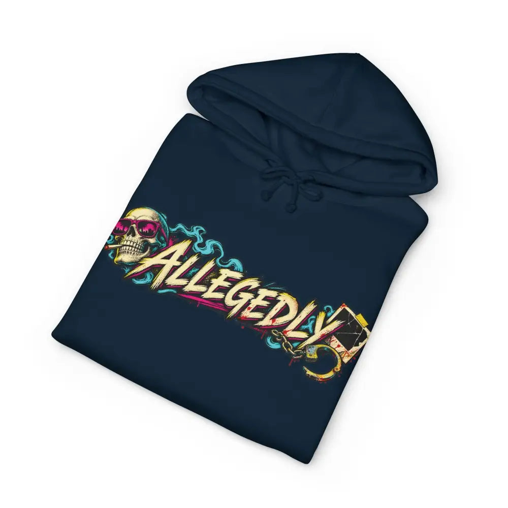 Navy blue allegedly graphic unisex hoodie with fleece-lined hood ribbed cuffs and vibrant skull design with pink sunglasses