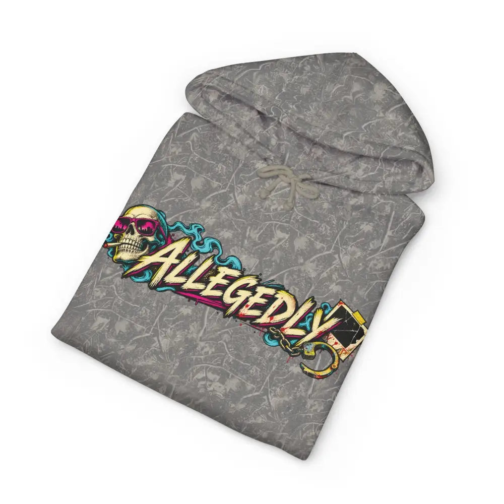 Gray allegedly graphic unisex hoodie with fleece-lined hood ribbed cuffs camouflage pattern and skull graffiti graphic