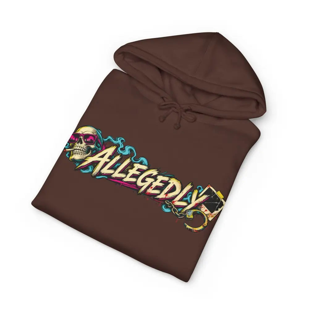 Brown fleece-lined hoodie with allegedly graphic skull design wearing pink sunglasses and ribbed cuffs