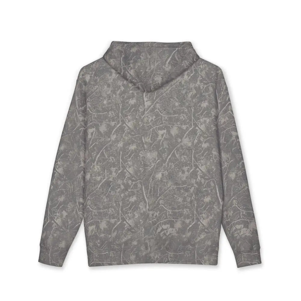Gray fleece-lined allegedly graphic unisex hoodie with subtle abstract tree branch pattern and ribbed cuffs