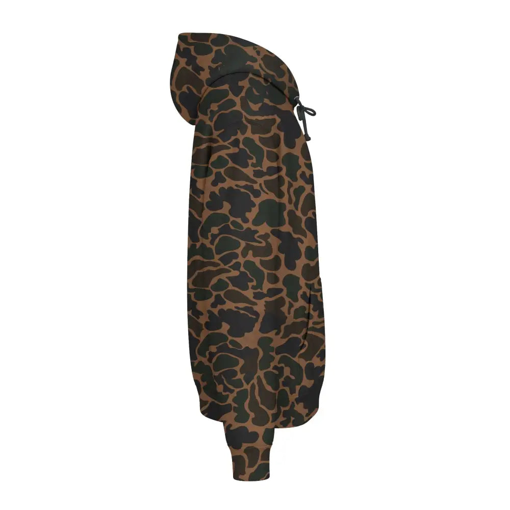 Allegedly graphic unisex hoodie with brown and dark green camouflage pattern fleece-lined hood and ribbed cuffs