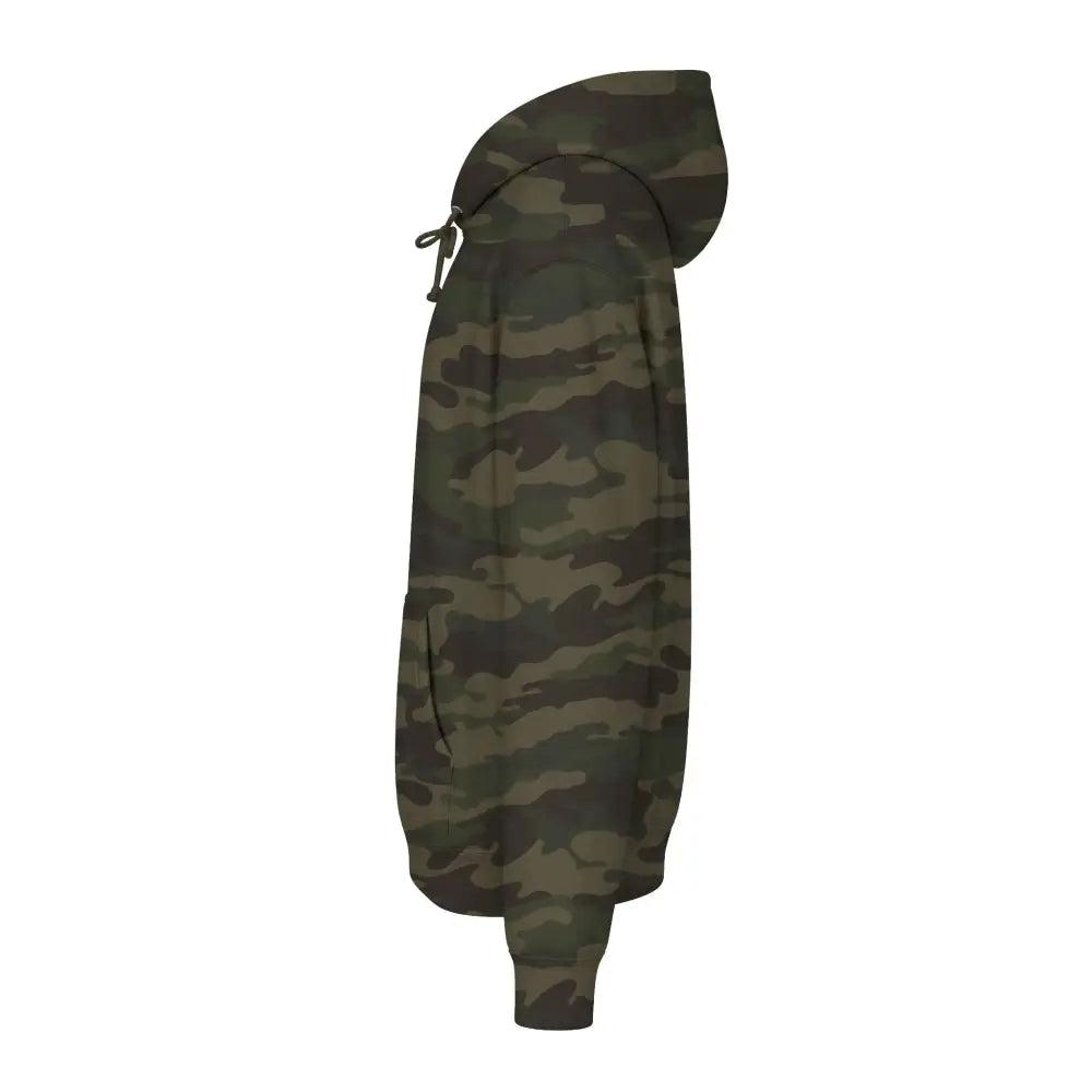 Cozy olive and brown camouflage allegedly graphic fleece-lined hood unisex hoodie with ribbed cuffs and drawstring hood