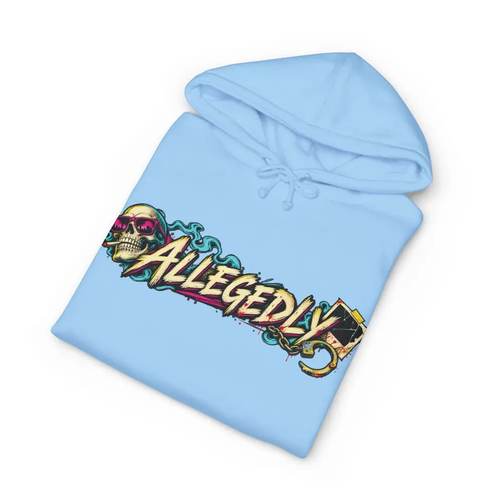 Light blue allegedly graphic unisex hoodie with fleece-lined hood and ribbed cuffs featuring vibrant skull design