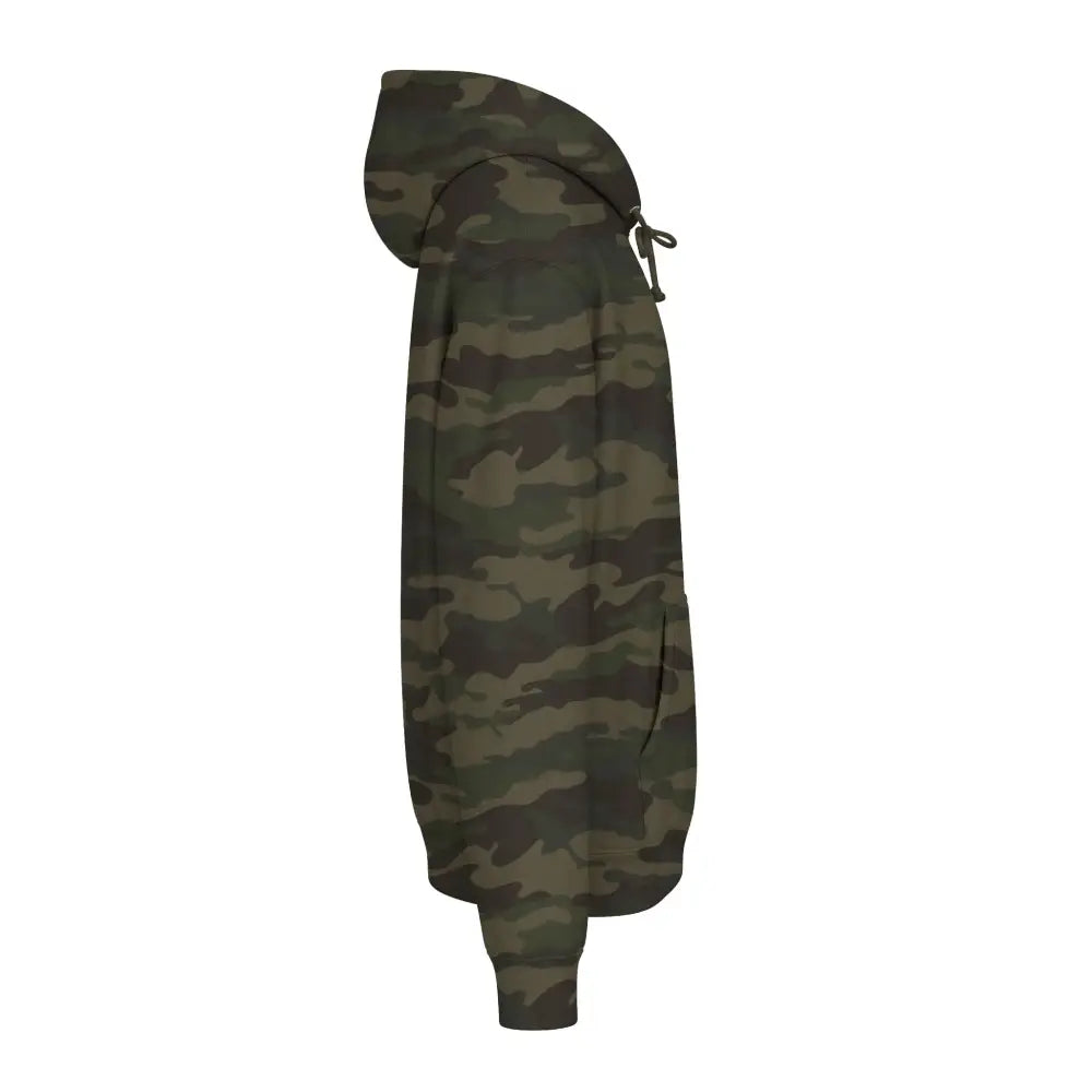 Allegedly graphic unisex hoodie with dark green brown camouflage fleece-lined hood and ribbed cuffs
