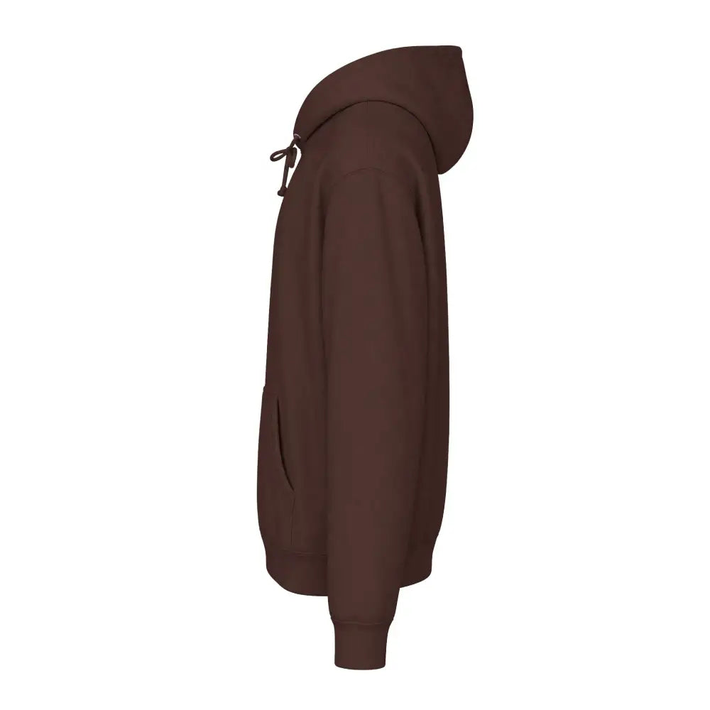 Allegedly graphic unisex hoodie in solid brown fleece-lined hood with drawstring, ribbed cuffs, and front pocket