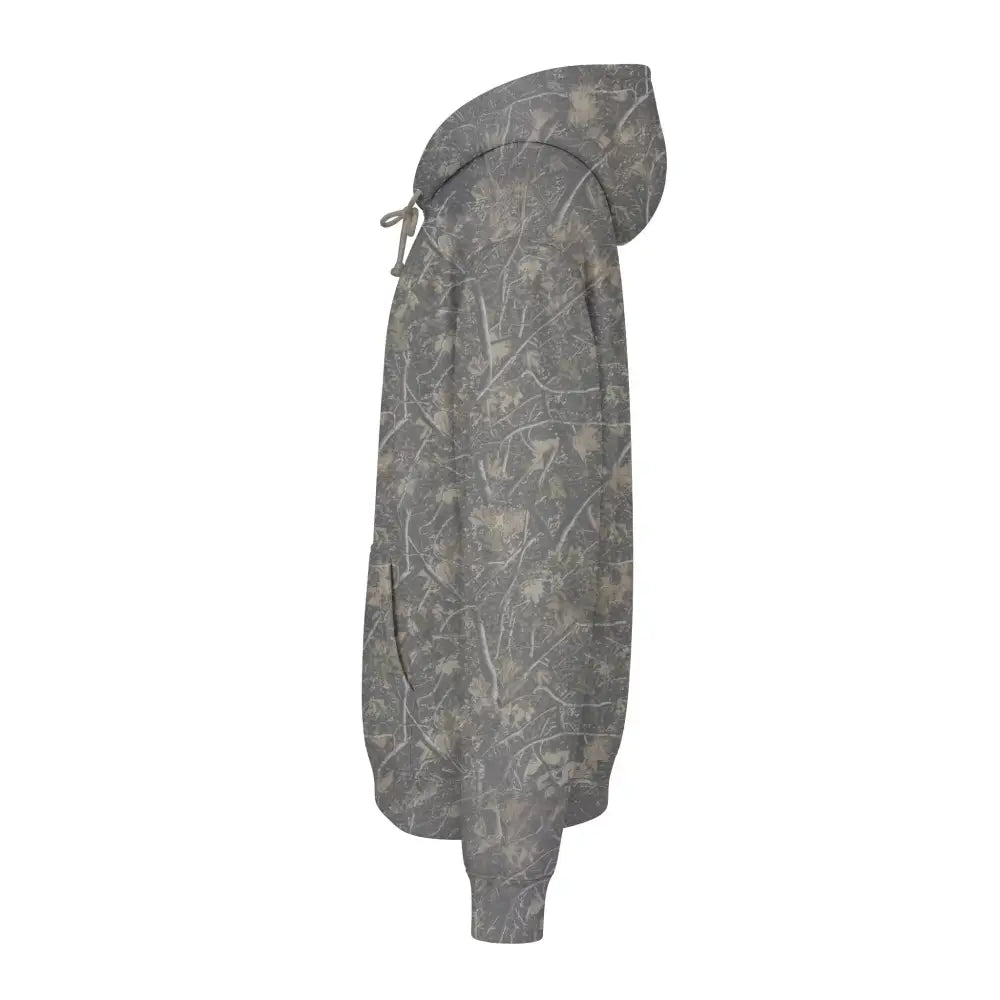 Gray camouflage allegedly graphic unisex hoodie with fleece-lined hood, drawstring, front pocket, and ribbed cuffs