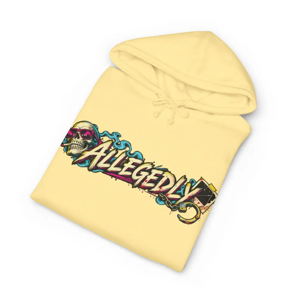 Pale yellow allegedly graphic unisex hoodie with fleece-lined hood ribbed cuffs and vibrant skull graffiti design