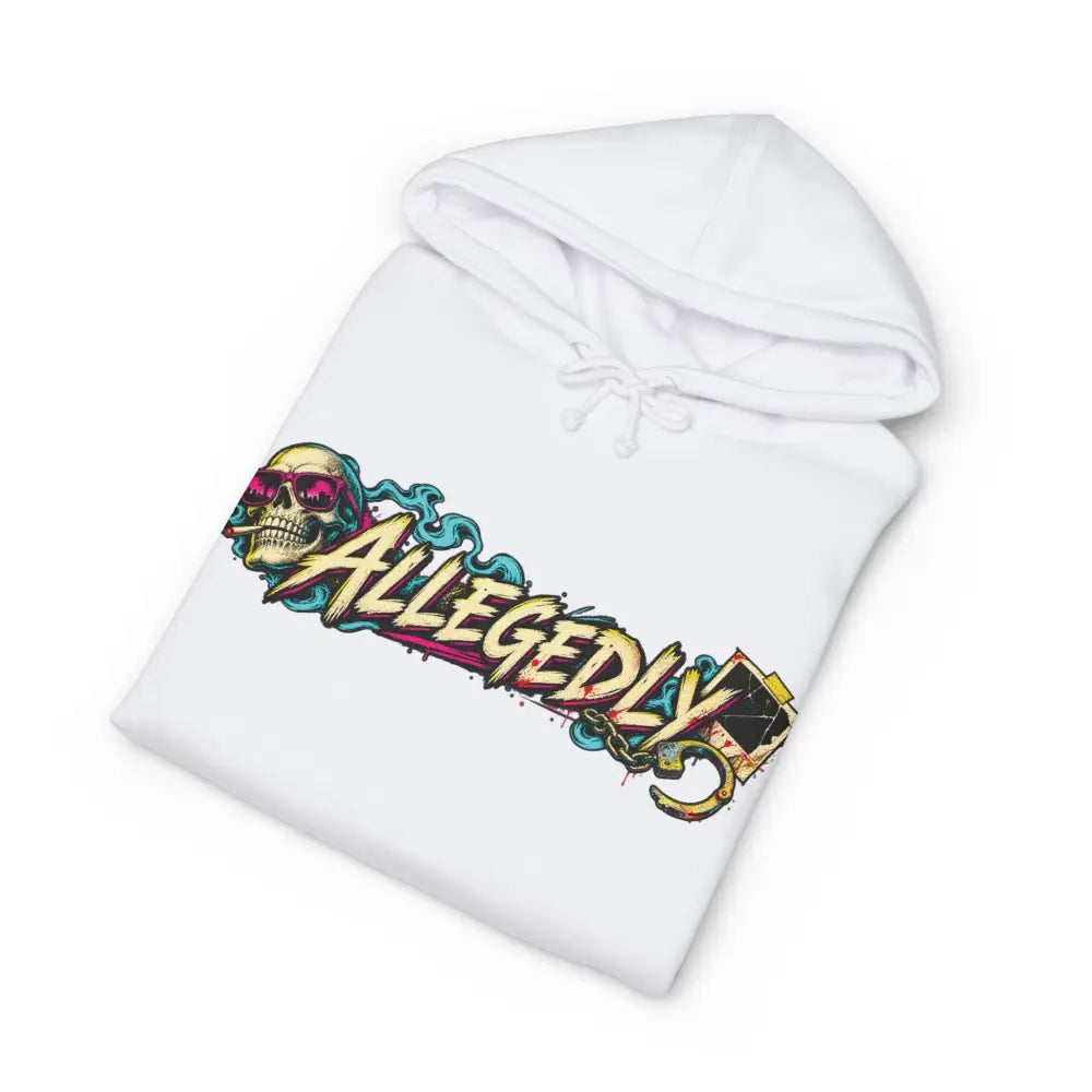 White fleece-lined hoodie with allegedly graphic skull in pink sunglasses and ribbed cuffs retro comic logo design