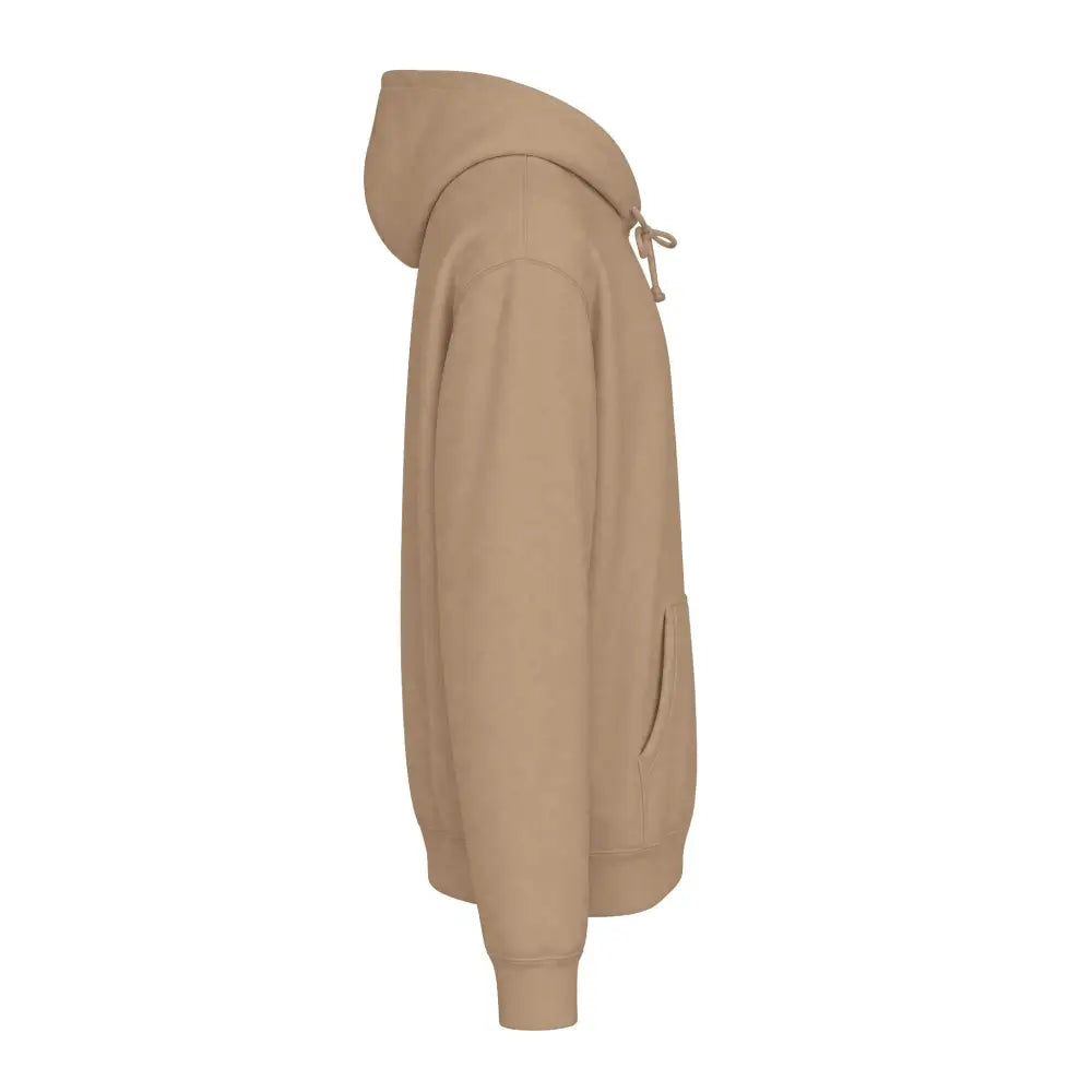 Beige allegedly graphic unisex hoodie with fleece-lined hood ribbed cuffs drawstring and front pocket