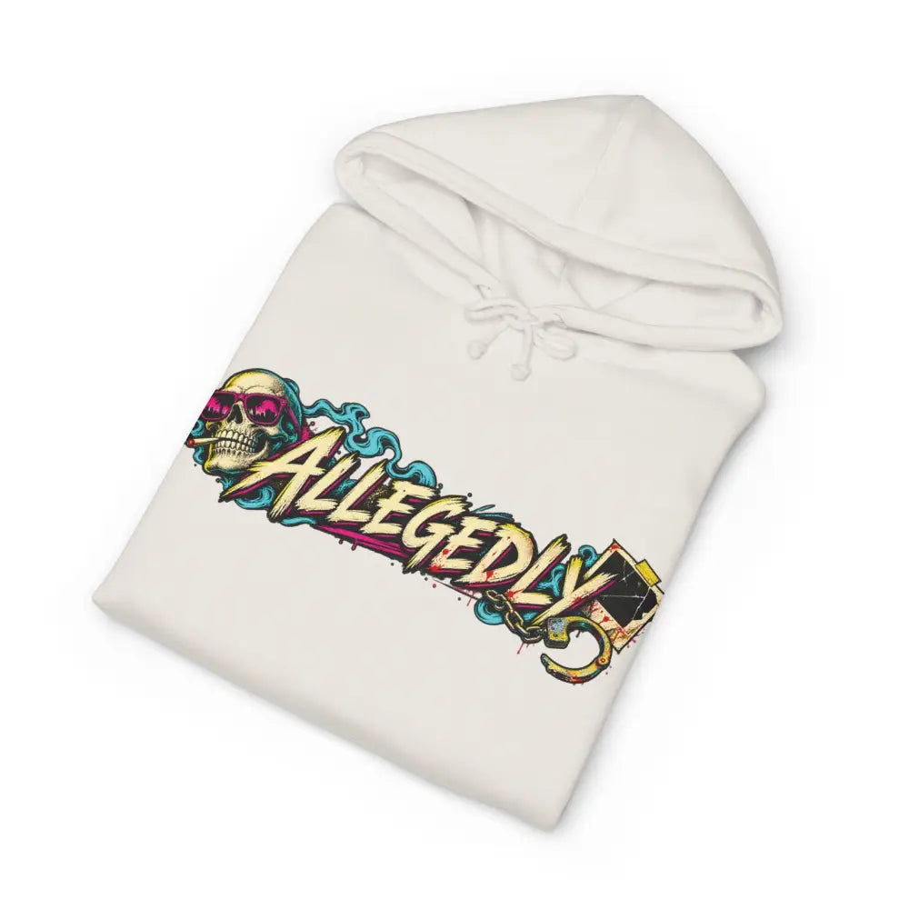 White fleece-lined hoodie with ribbed cuffs featuring allegedly graphic skull with pink sunglasses and colorful lettering