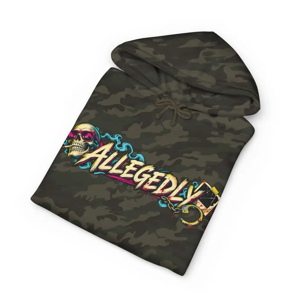 Dark green camouflage allegedly graphic unisex hoodie with fleece-lined hood ribbed cuffs and pink skull sunglasses design