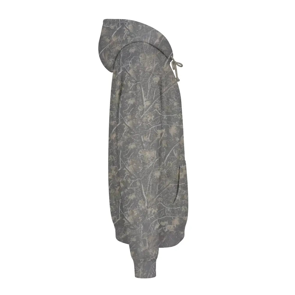 Gray camouflage allegedly graphic unisex hoodie with fleece-lined hood ribbed cuffs drawstring and side pocket