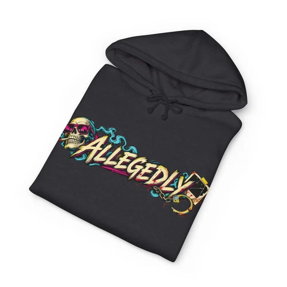 Black allegedly graphic unisex hoodie with fleece-lined hood and ribbed cuffs featuring vibrant skull and pink sunglasses design