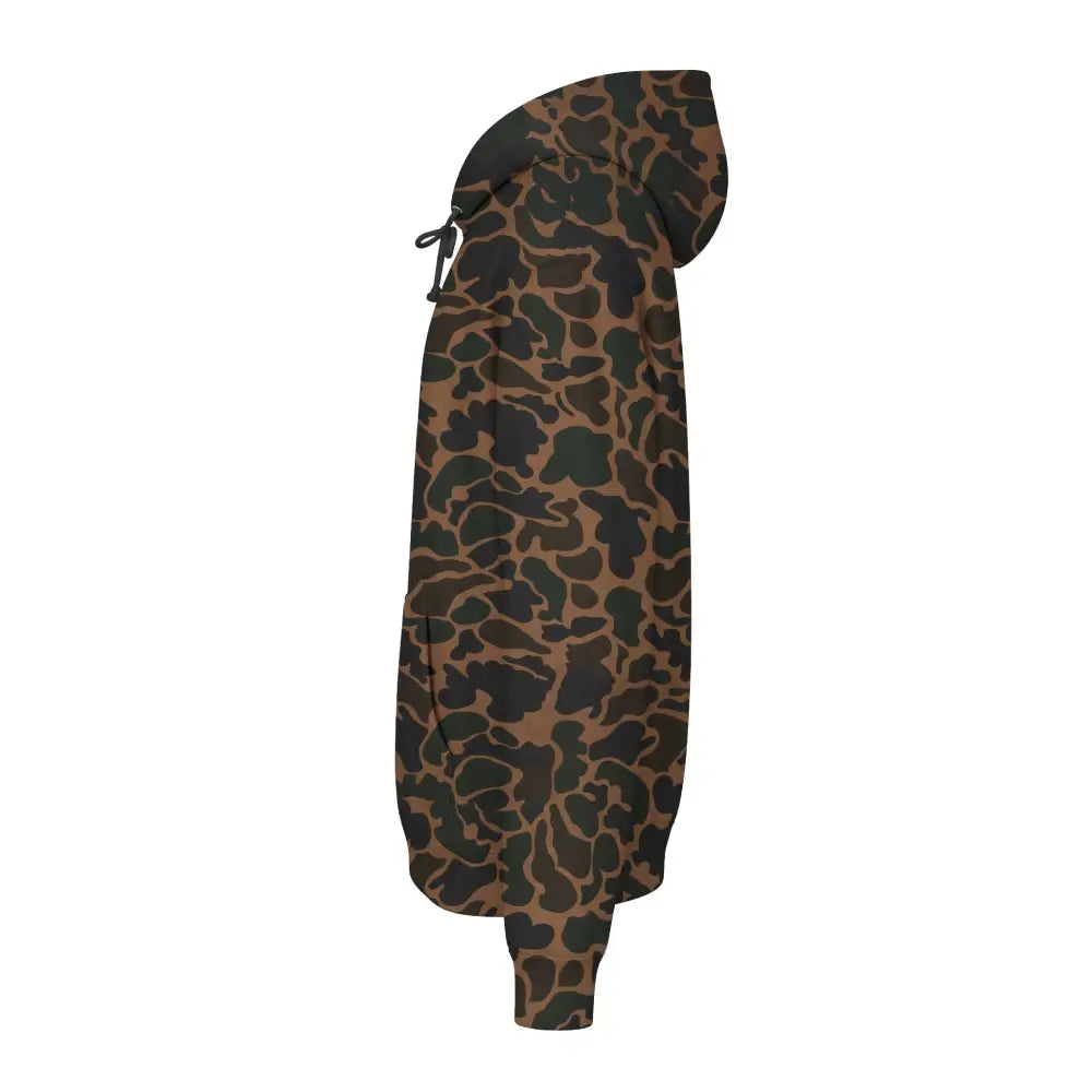 Allegedly graphic fleece-lined hood unisex hoodie with brown and dark green camouflage pattern and ribbed cuffs