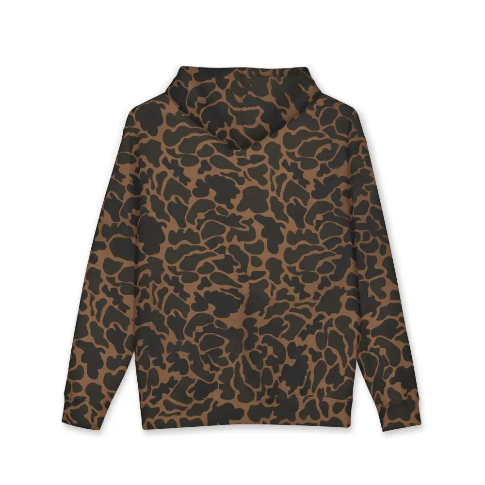 Allegedly graphic unisex hoodie in brown and black leopard print with fleece-lined hood and ribbed cuffs