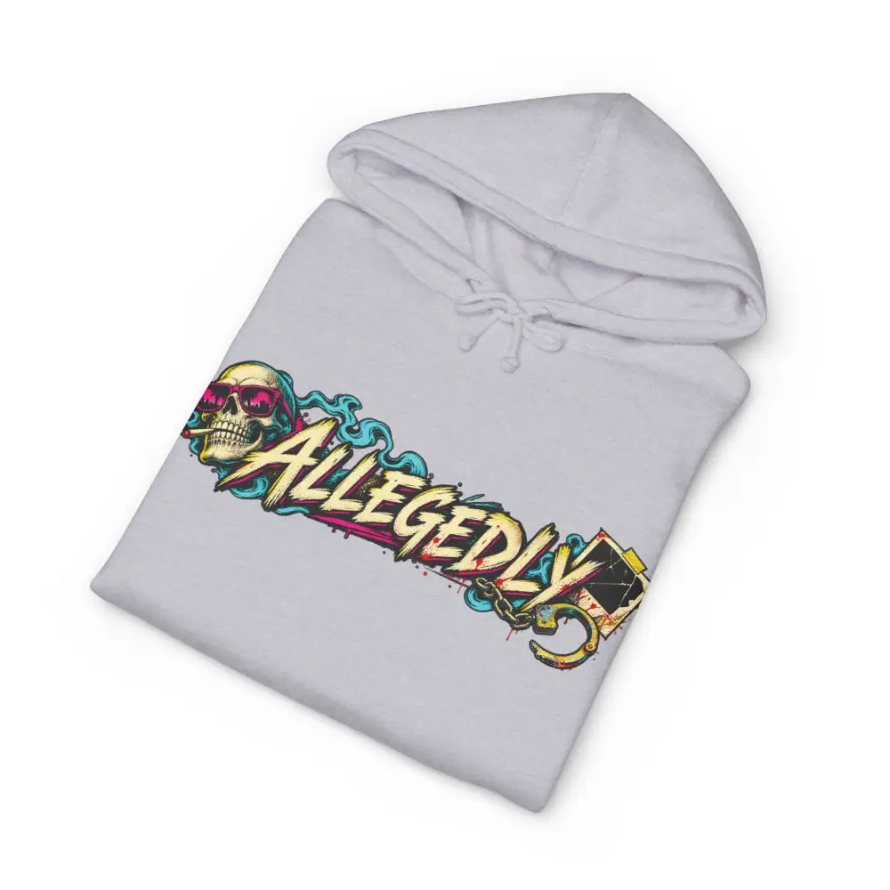 Light gray unisex hoodie with fleece-lined hood ribbed cuffs and allegedly graphic skull with pink sunglasses design