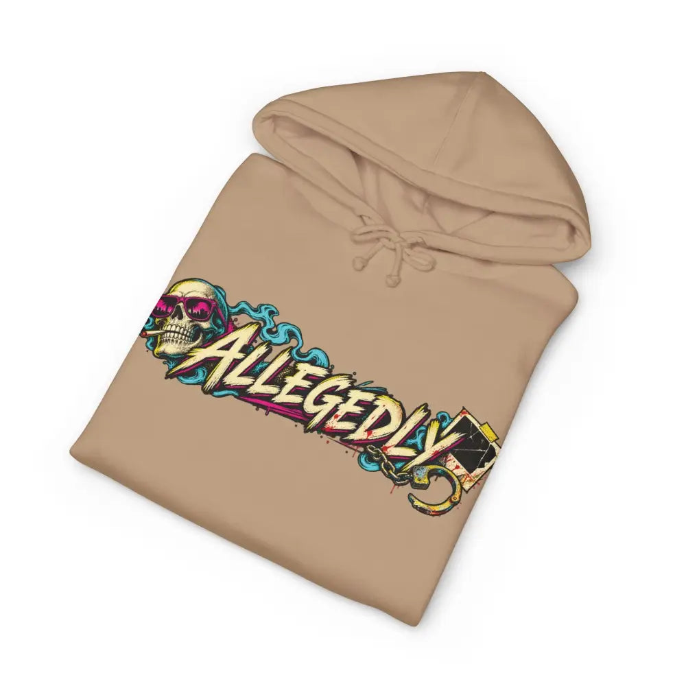 Beige allegedly graphic unisex hoodie with fleece-lined hood ribbed cuffs and vibrant skull graffiti design