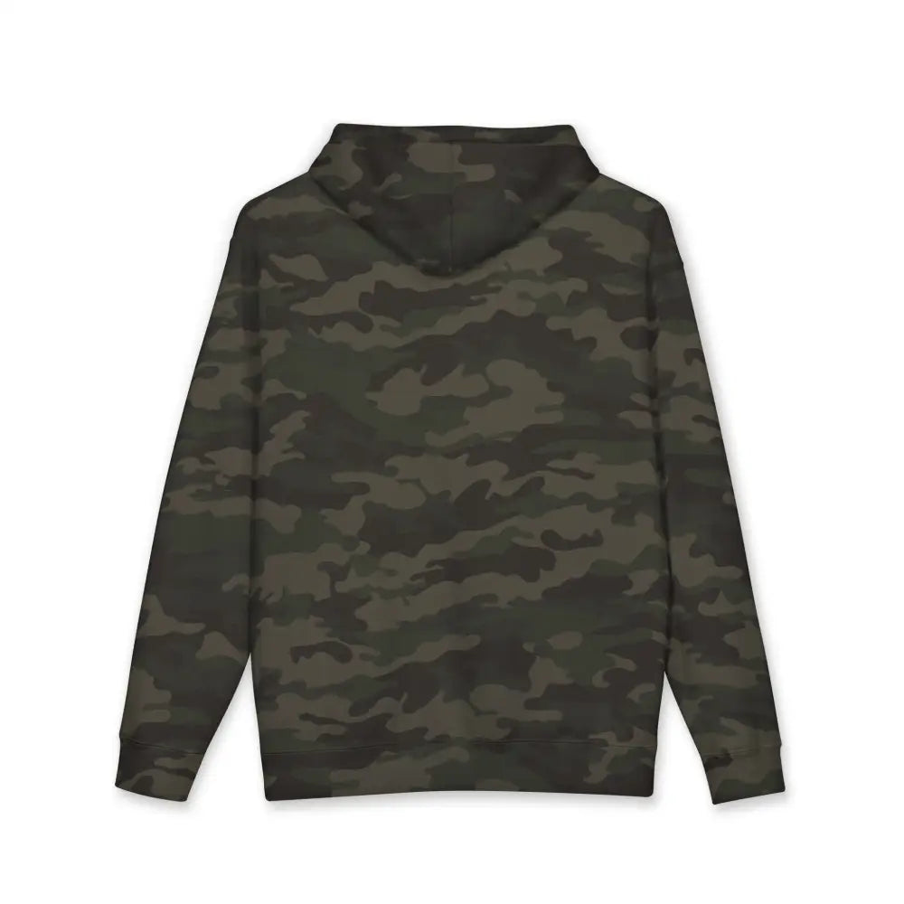Allegedly graphic unisex hoodie with dark green and brown camouflage pattern fleece-lined hood and ribbed cuffs