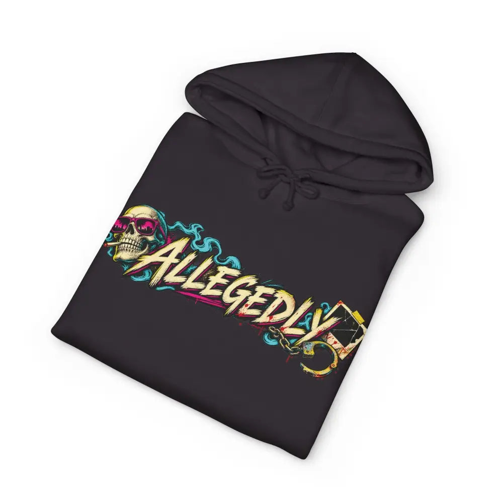 Black Allegedly graphic unisex hoodie with fleece-lined hood ribbed cuffs and skull wearing pink sunglasses design
