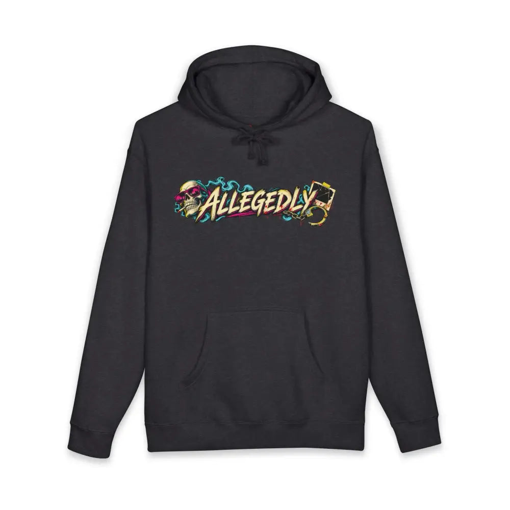Black hoodie with fleece-lined hood, ribbed cuffs, and colorful allegedly graphic skull and playing card design across chest