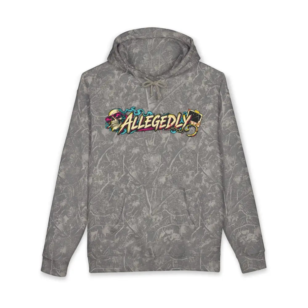 Gray camouflage allegedly graphic unisex hoodie with fleece-lined hood and ribbed cuffs featuring skull and playing card design