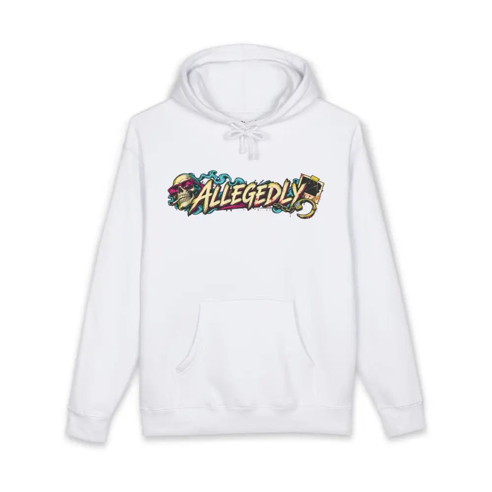 White fleece-lined hoodie with allegedly graphic colorful graffiti skull and card design and ribbed cuffs across chest