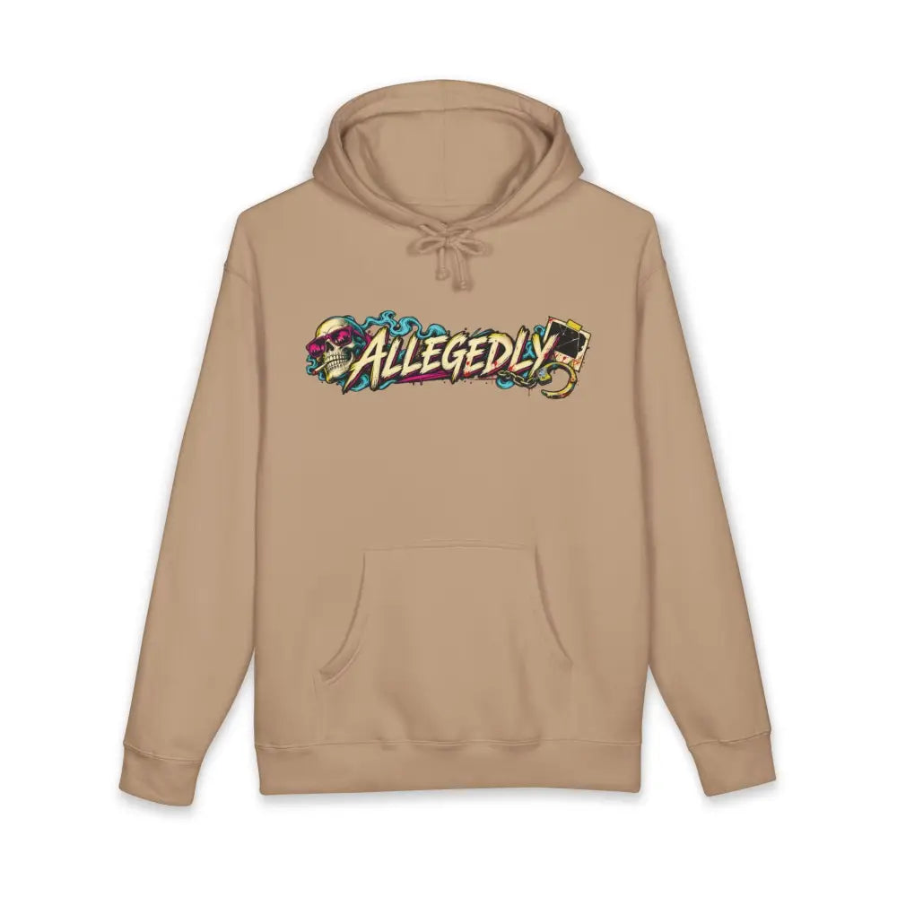 Beige allegedly graphic unisex hoodie with colorful skull and playing card design, fleece-lined hood, ribbed cuffs