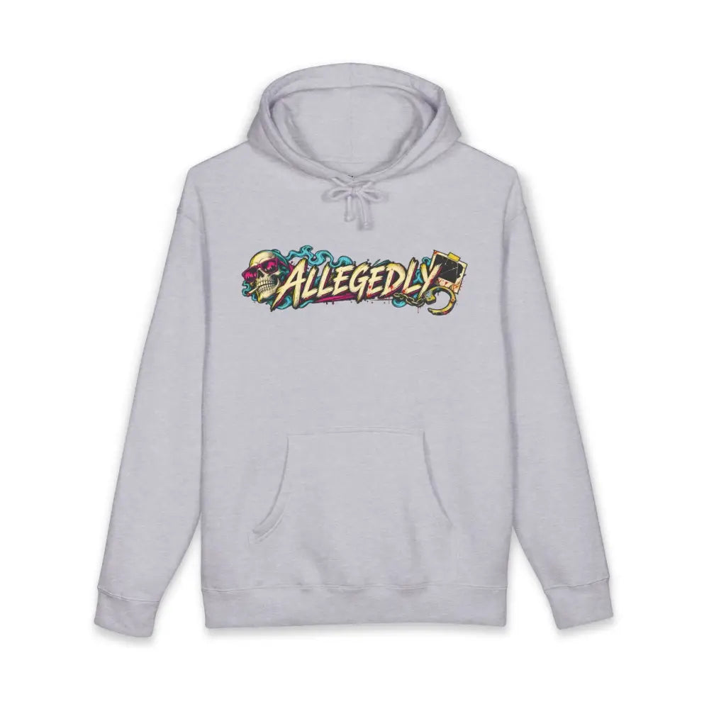 Light gray fleece-lined allegedly graphic unisex hoodie with ribbed cuffs and colorful skull playing card design