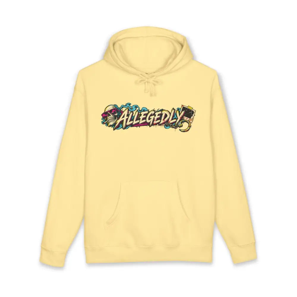 Pale yellow allegedly graphic unisex hoodie with fleece-lined hood ribbed cuffs and colorful skull camera design
