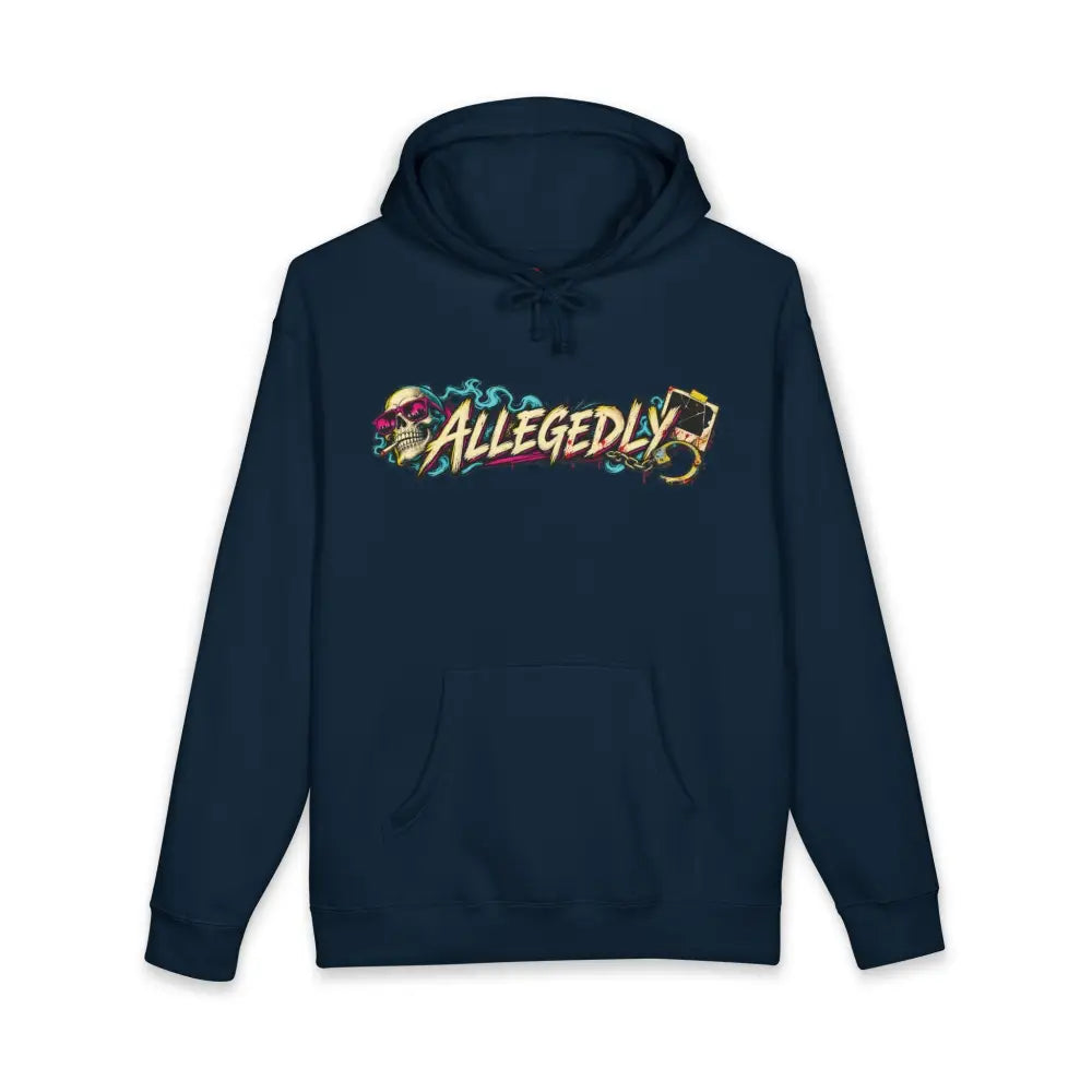 Navy blue allegedly graphic unisex hoodie with fleece-lined hood ribbed cuffs and colorful skull playing card design