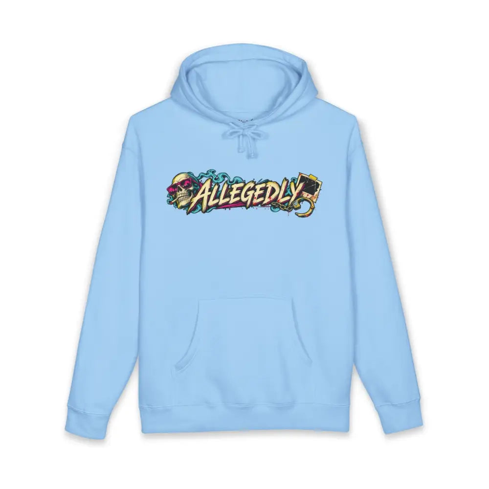 Light blue fleece-lined hoodie with allegedly graphic skull and playing card design and ribbed cuffs across chest
