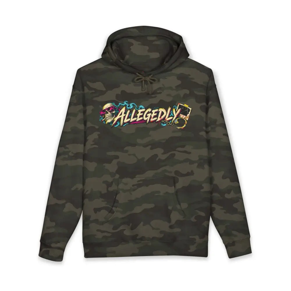 Dark green camouflage allegedly graphic unisex hoodie with fleece-lined hood and ribbed cuffs featuring skull and cards design