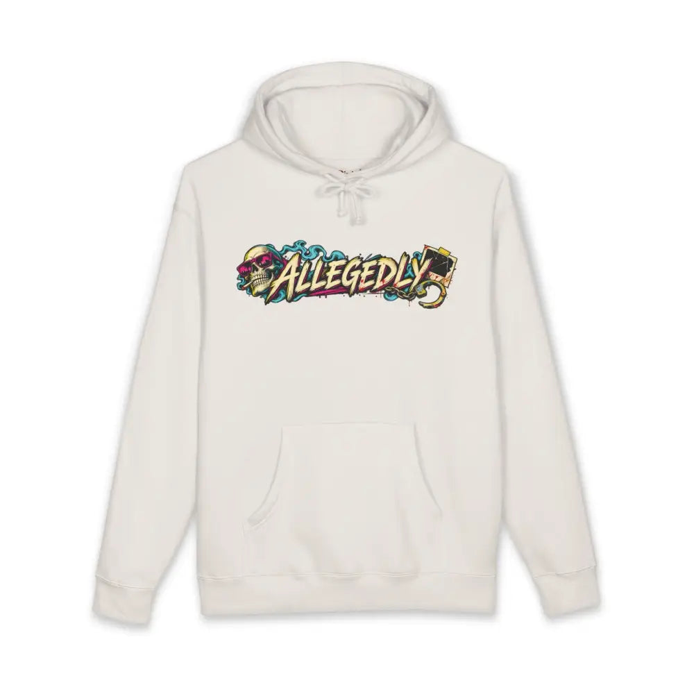 Cream-colored allegedly graphic unisex hoodie with fleece-lined hood ribbed cuffs and vibrant skull and card design