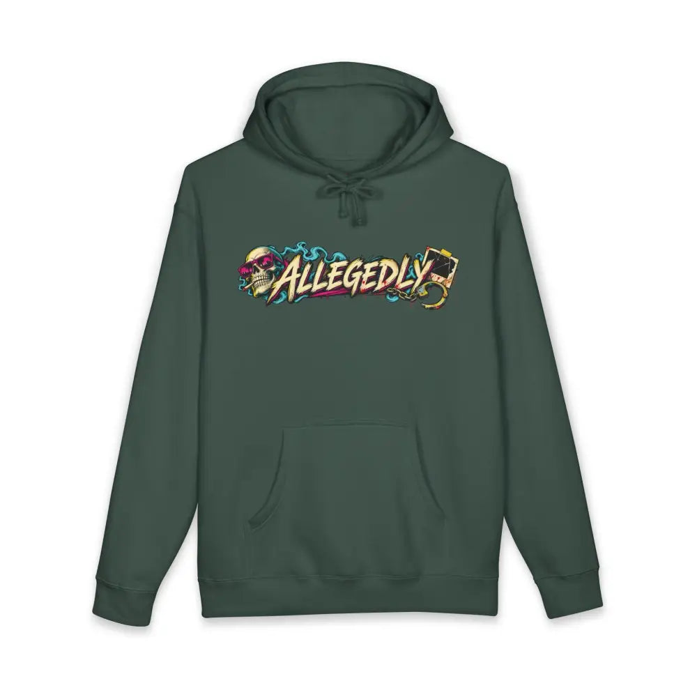 Dark green allegedly graphic unisex hoodie with fleece-lined hood ribbed cuffs and skull playing card design