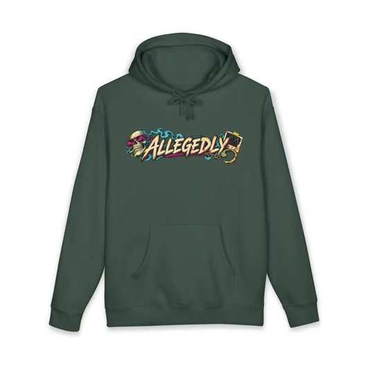 Dark green allegedly graphic unisex hoodie with fleece-lined hood ribbed cuffs and skull playing card design