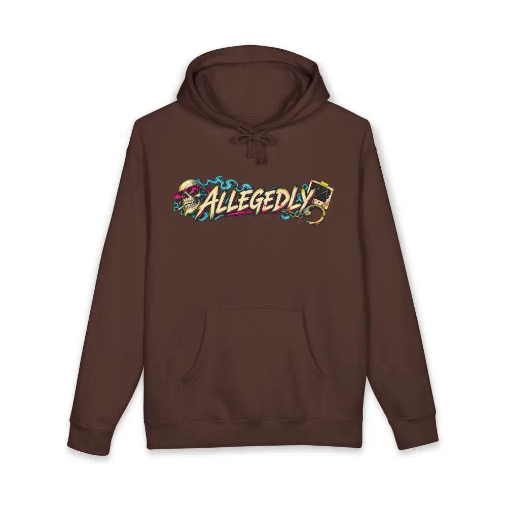 Brown fleece-lined hoodie with allegedly graphic colorful skull and playing card design and ribbed cuffs across chest