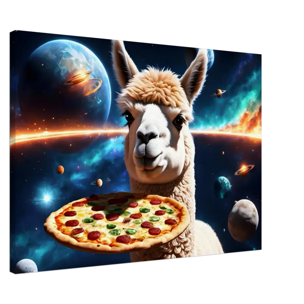 Llama holding pizza in space artwork for Alpaca Pizza Canvas Deep Space Delivery PixiOnyx
