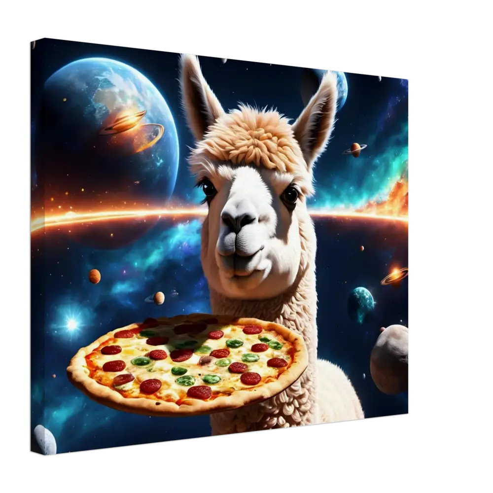 Llama holding pizza floating in space on Alpaca Pizza Canvas Deep Space Delivery wall art