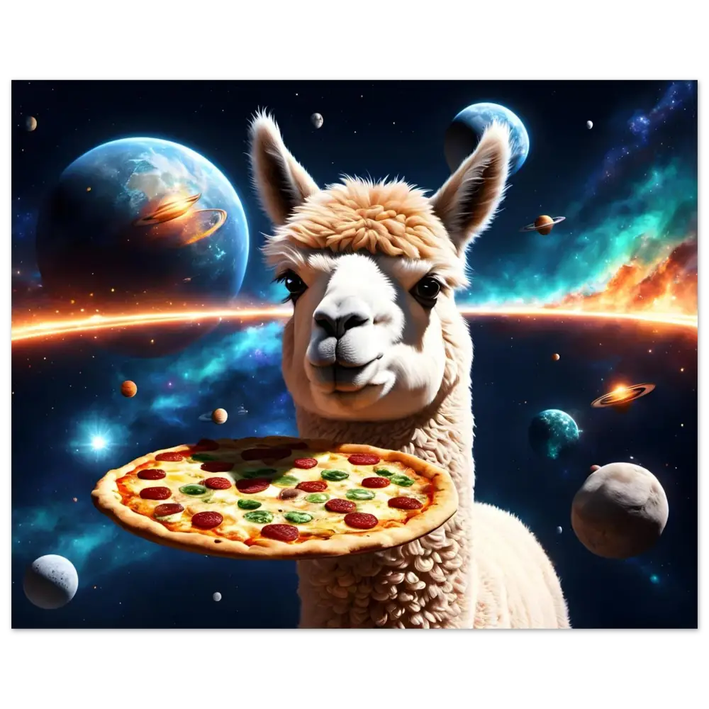 Alpaca holding a pizza for Galactic Crust Crusade PixiOnyx Art Print