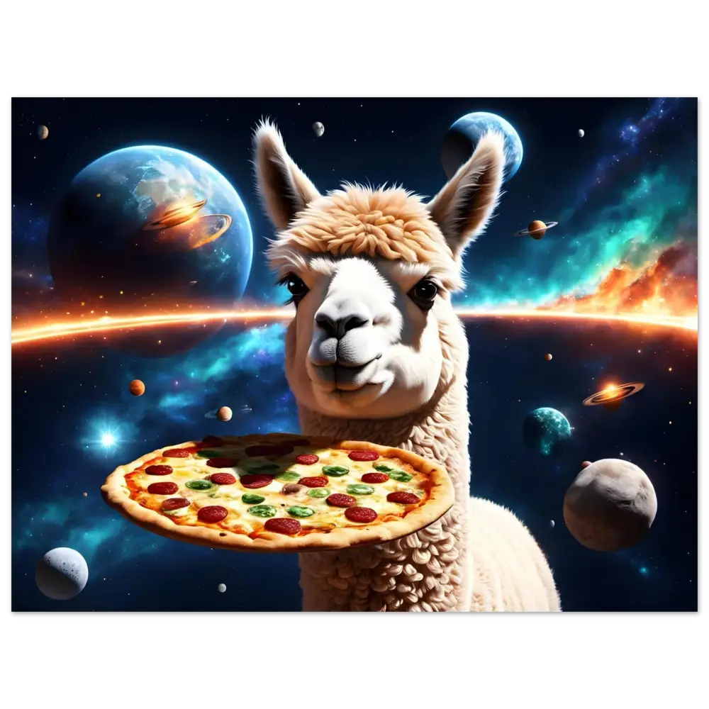 Llama holding a pepperoni pizza in front of Alpaca Pizza Poster Galactic Crust Crusade