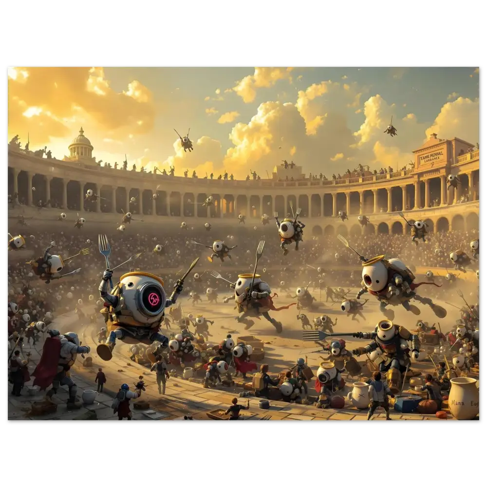 Robotic gladiatorial combat scene from Aluminum Bot Arena Print Battle of the Breakfast Bots