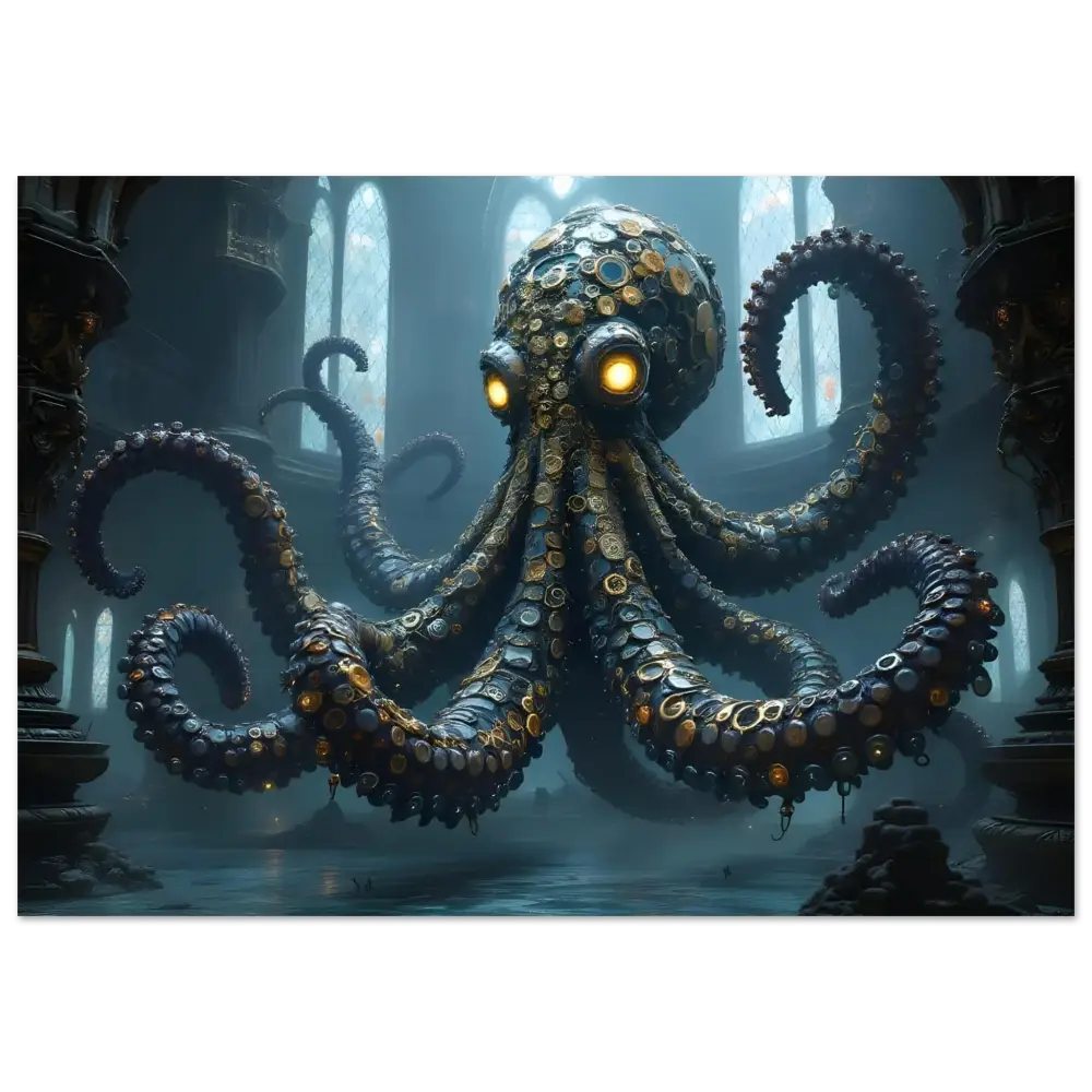 Steampunk octopus with glowing eyes on Aluminum Clocktopus Print Deep Sea Mechanica