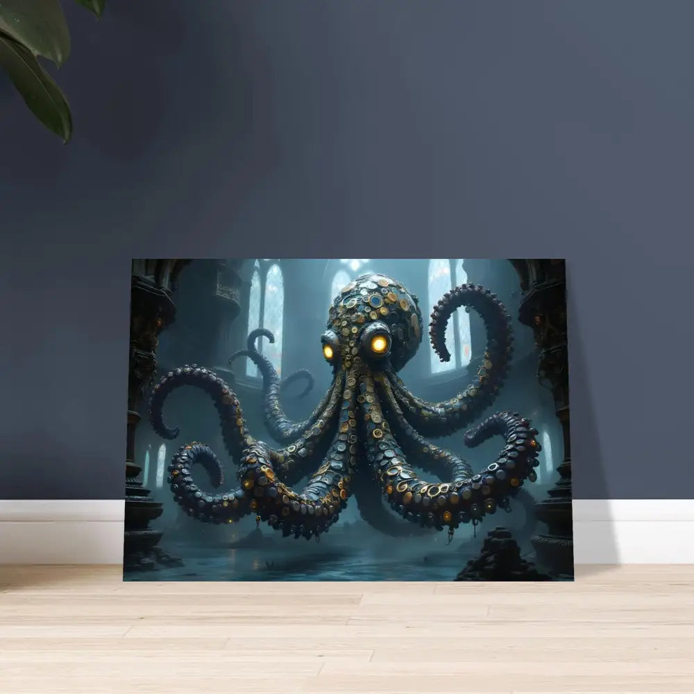 Steampunk-style octopus artwork on Aluminum Clocktopus Print Deep Sea Mechanica PixiOnyx