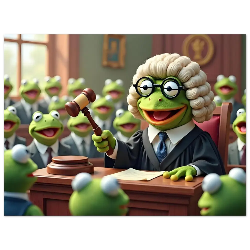 Kermit the Frog as a judge in the Aluminum Frog Court Print PixiOnyx Metallic Absurdism