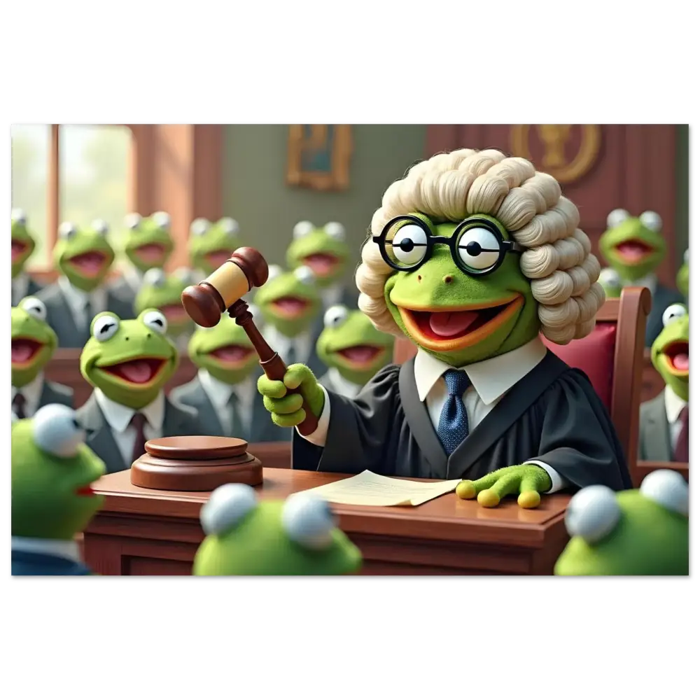 Kermit the Frog as a judge on the Aluminum Frog Court Print featuring PixiOnyx Metallic Absurdism